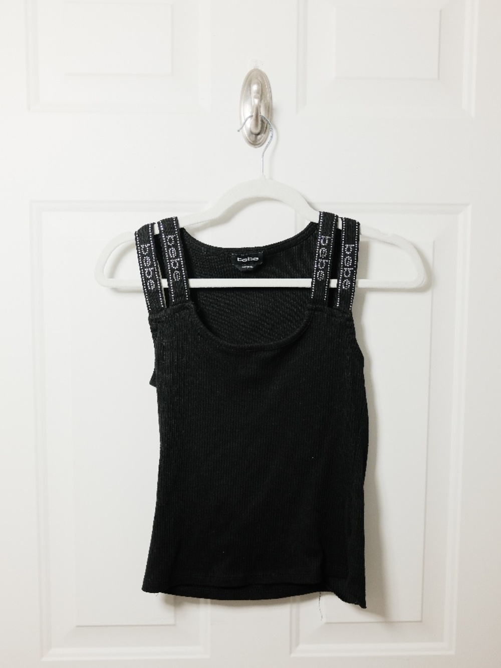 Bebe Women/Teen Size S - Top Black Soft Knit Double Straps Logo In Faux Gemstone